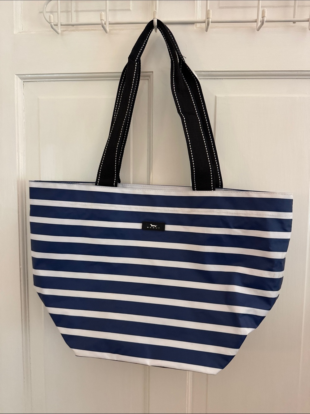 Scout Navy and White Striped Tote with Black Handles